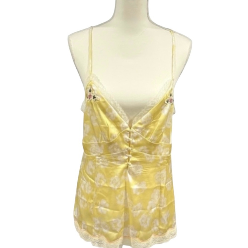 Free People Night Special Cami in Lemon Custard Combo Silky Lace Floral Sz M NWT - Picture 2 of 10